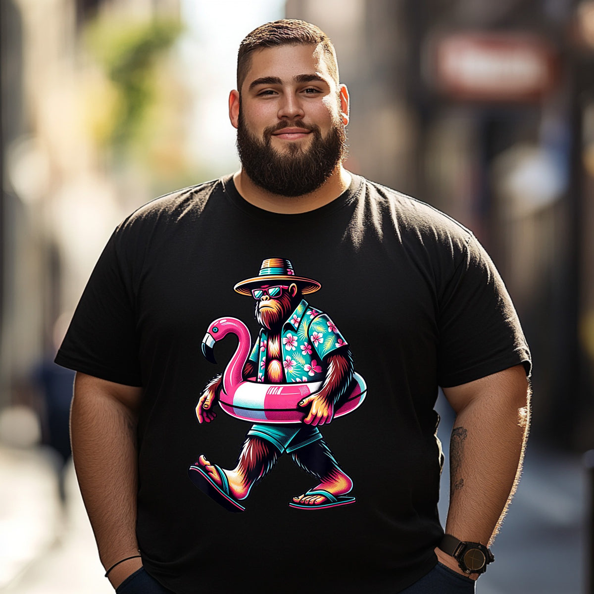 Bigfoot Pink Flamingo Aloha Pool Party Hawaiian Party Men T Shirts Big and Tall Men Shirts Plus Size Short Sleeve Fashion Casual T Shirt Graphic Tee Shirts Tshirts