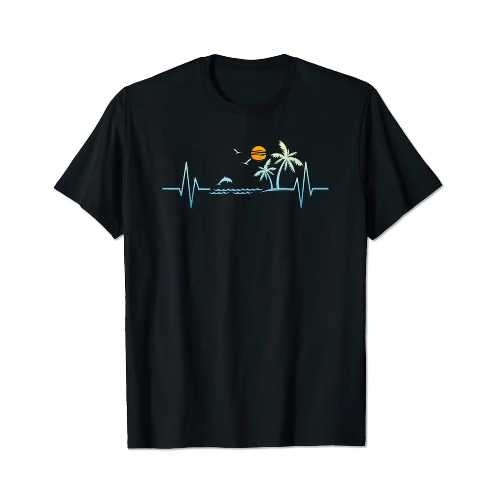 Heartbeat with Tropical Palm Trees Beach Island Sunset Men T Shirts Big and Tall Men Shirts Plus Size Short Sleeve Fashion Casual T Shirt Graphic Tee Shirts Tshirts - BigTallGuys