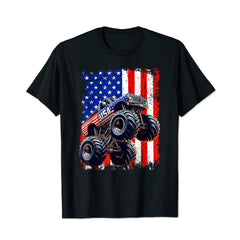 Monster Truck USA Flag Patriotic 4th of July Men T Shirts Big and Tall Men Shirts Plus Size Short Sleeve Fashion Casual T Shirt Graphic Tee Shirts Tshirts - BigTallGuys