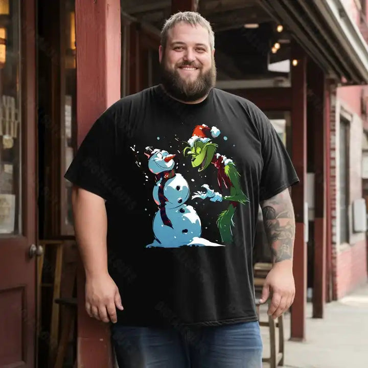Grinch with Snowman Merry Christmas Men T-Shirts, Plus Size Short Sleeve T Shirt for Men Big and Tall Men Tees Shirts