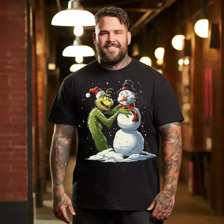 Grinch with Snowman Merry Christmas Men T-Shirts, Plus Size Short Sleeve T Shirt for Men Big and Tall Men Tees Shirts