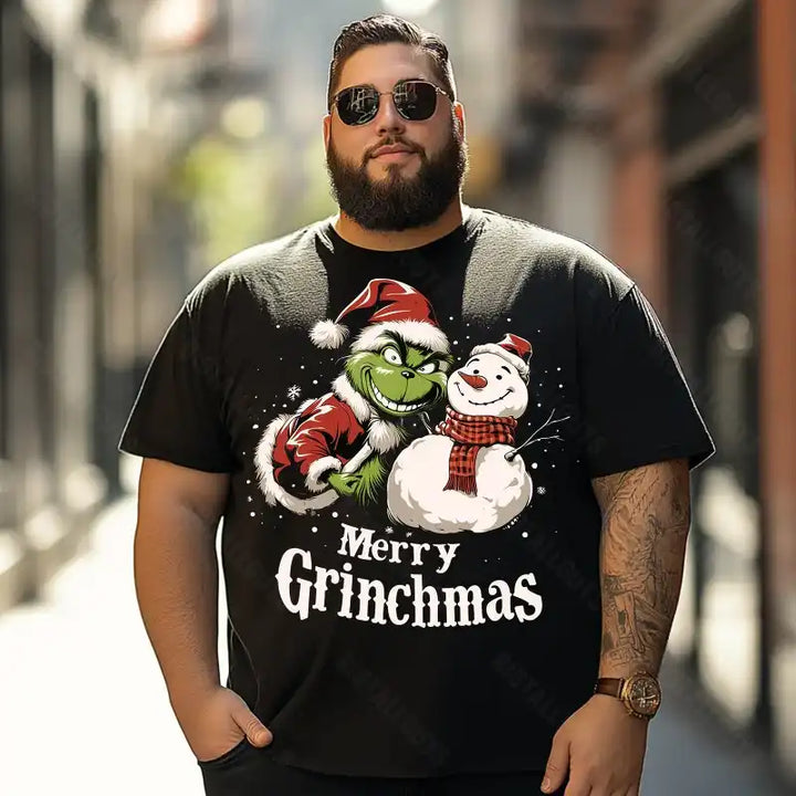 Grinch with Snowman Merry Grinchmas Christmas Men T-Shirts, Plus Size Short Sleeve T Shirt for Men Big and Tall Men Tees Shirts