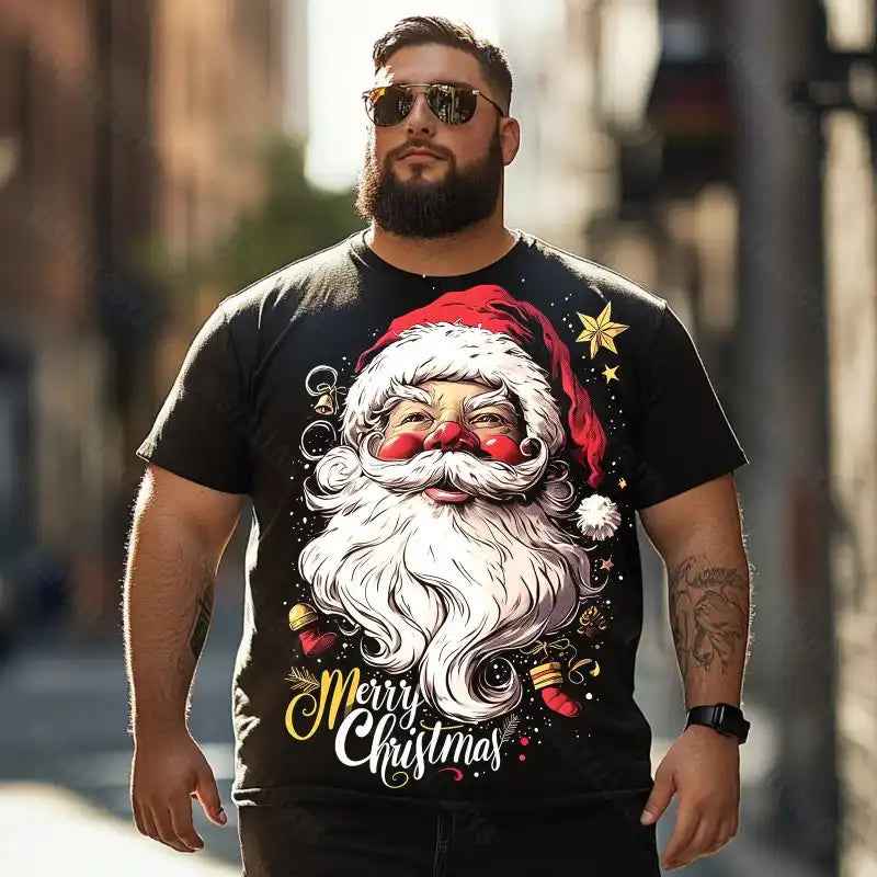 Santa Claus Merry Christmas Men T-Shirts, Plus Size Short Sleeve T Shirt for Men Big and Tall Men Tees Shirts