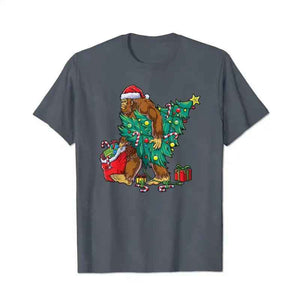 Bigfoot Christmas Tree Lights Xmas Boys Men Sasquatch Lovers Men T-Shirts, Plus Size Short Sleeve T Shirt for Men Big and Tall Men Tees Shirts