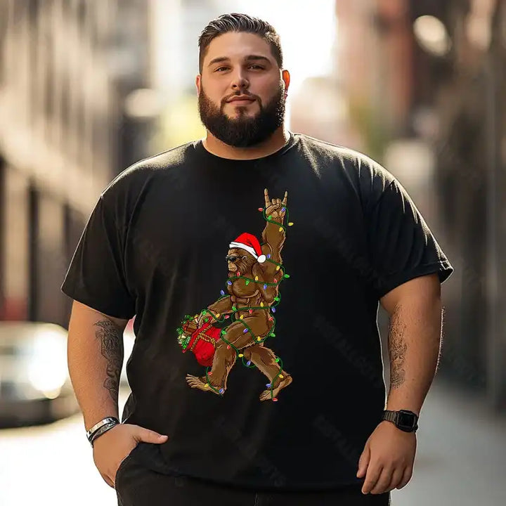 Santa Bigfoot Christmas Lights Rock Funny Sasquatch Lovers Men T-Shirts, Plus Size Short Sleeve T Shirt for Men Big and Tall Men Tees Shirts