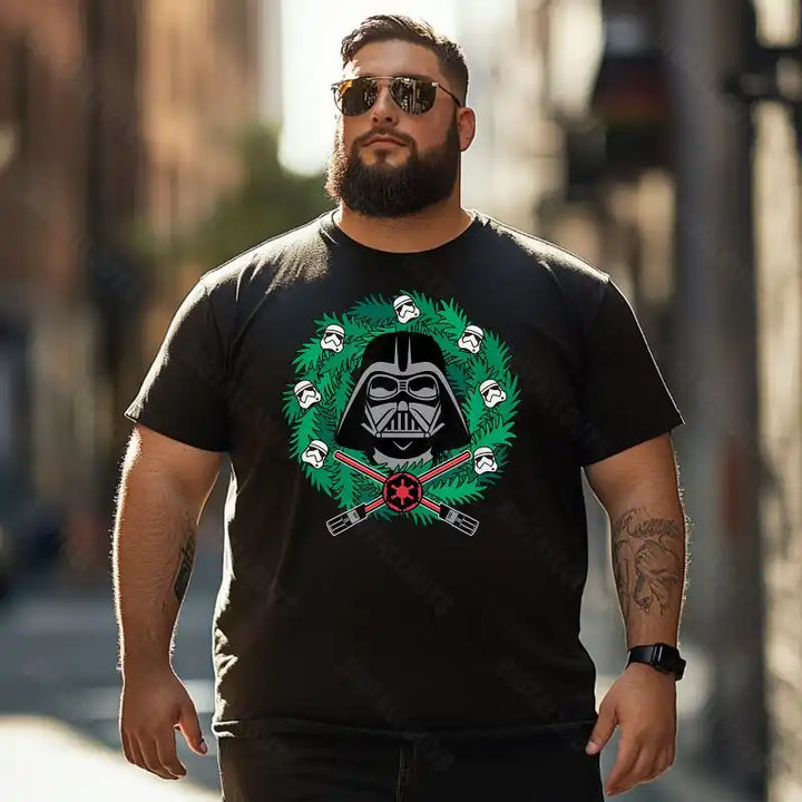 Vader Helmet Christmas Xmas Wreath Men T-Shirts, Plus Size Short Sleeve T Shirt for Men Big and Tall Men Tees Shirts