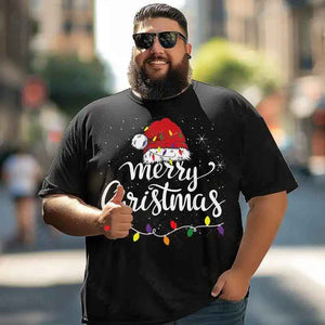Merry Christmas Lights Red Santa Hat Xmas Men T-Shirts, Plus Size Short Sleeve T Shirt for Men Big and Tall Men Tees Shirts