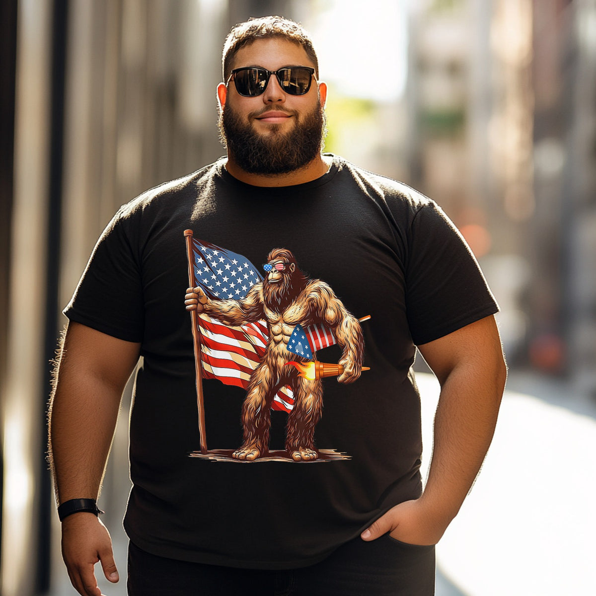 Bigfoot Fireworks 4th of July Men Sasquatch American US Flag Patriotic Men T Shirts Big and Tall Men Shirts Plus Size Short Sleeve Fashion Casual T Shirt Graphic Tee Shirts Tshirts