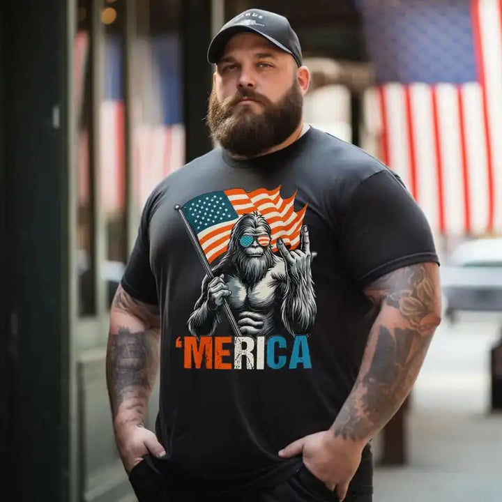 Bigfoot Merica Rock American Flag Patriotic 4th Of July Men T Shirts Big and Tall Men Shirts Plus Size Short Sleeve Fashion Casual T Shirt Graphic Tee Shirts Tshirts