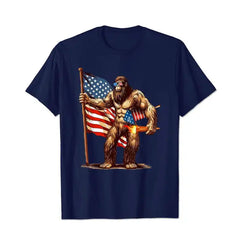 Bigfoot Fireworks 4th of July Men Sasquatch American US Flag Patriotic Men T Shirts Big and Tall Men Shirts Plus Size Short Sleeve Fashion Casual T Shirt Graphic Tee Shirts Tshirts - BigTallGuys