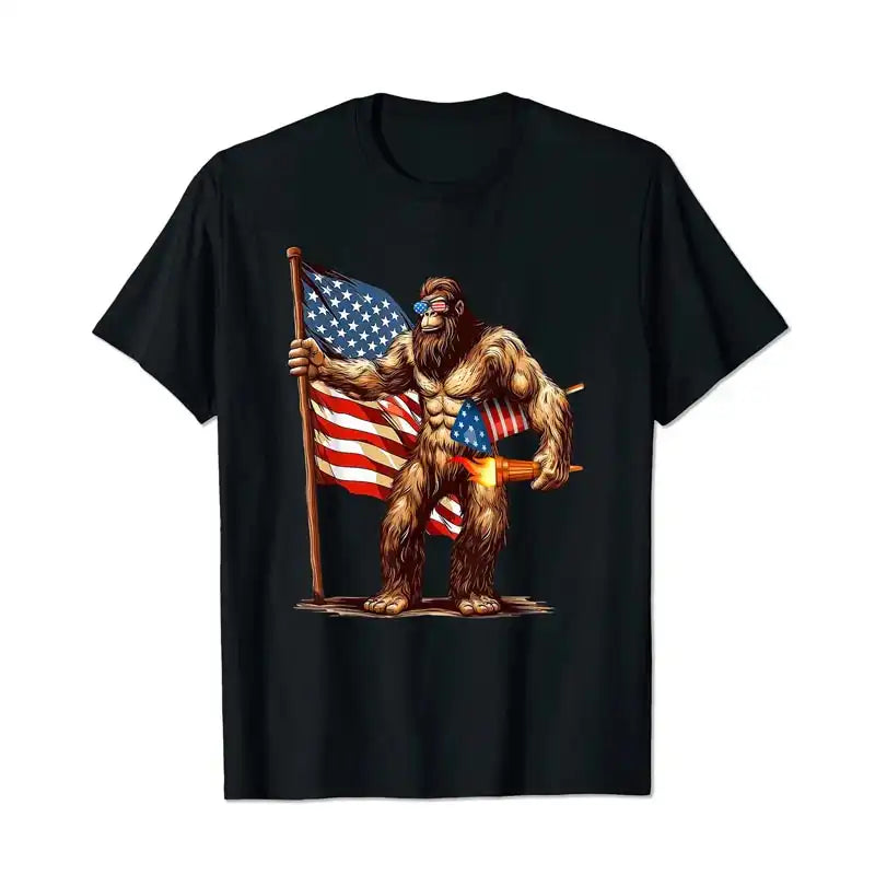 Bigfoot Fireworks 4th of July Men Sasquatch American US Flag Patriotic Men T Shirts Big and Tall Men Shirts Plus Size Short Sleeve Fashion Casual T Shirt Graphic Tee Shirts Tshirts - BigTallGuys