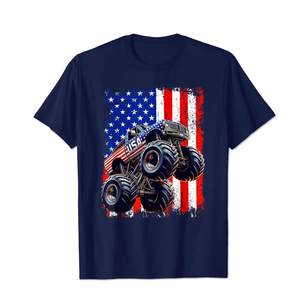 Monster Truck USA Flag Patriotic 4th of July Men T Shirts Big and Tall Men Shirts Plus Size Short Sleeve Fashion Casual T Shirt Graphic Tee Shirts Tshirts - BigTallGuys