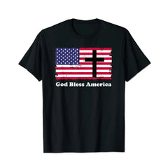 God Bless America Patriotic Flag with Cross Men T Shirts Big and Tall Men Shirts Plus Size Short Sleeve Fashion Casual T Shirt Graphic Tee Shirts Tshirts - BigTallGuys