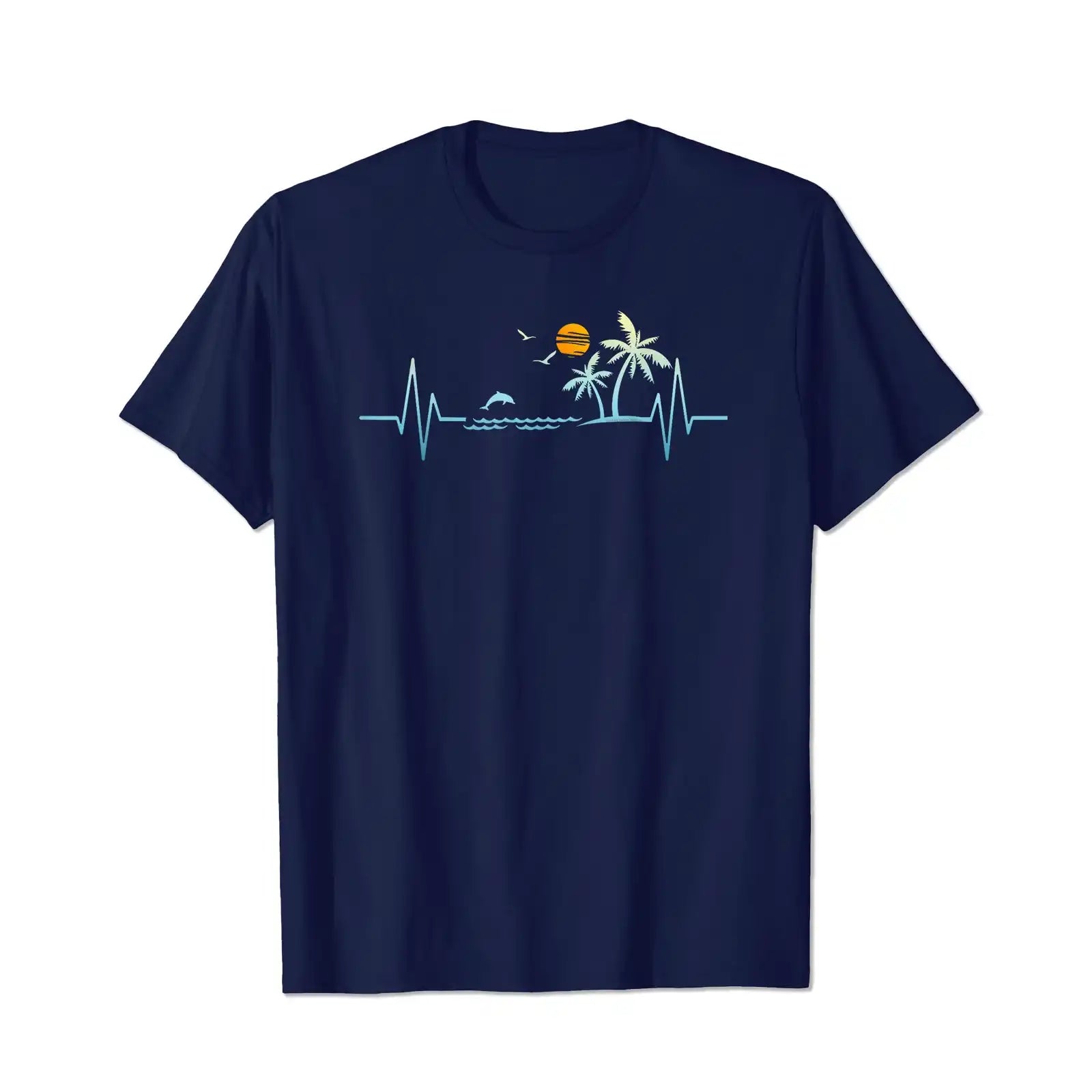 Heartbeat with Tropical Palm Trees Beach Island Sunset Men T Shirts Big and Tall Men Shirts Plus Size Short Sleeve Fashion Casual T Shirt Graphic Tee Shirts Tshirts - BigTallGuys