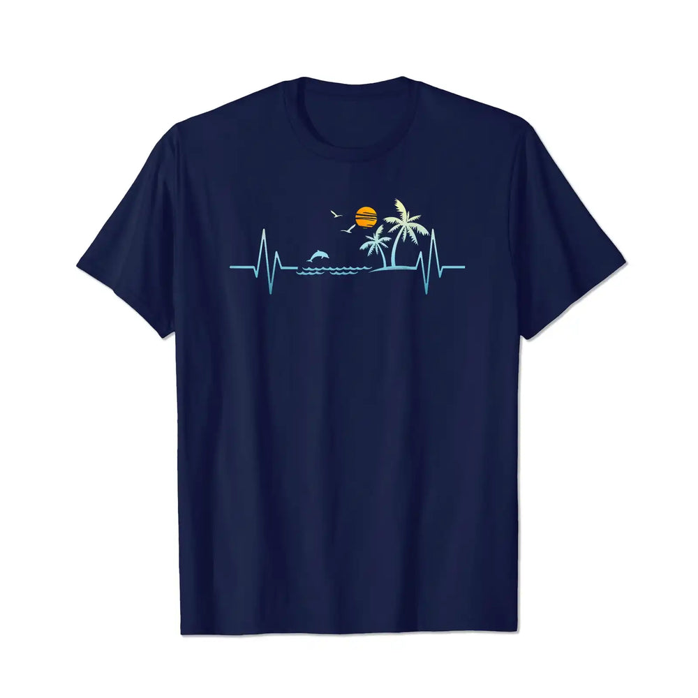 Heartbeat with Tropical Palm Trees Beach Island Sunset Men T Shirts Big and Tall Men Shirts Plus Size Short Sleeve Fashion Casual T Shirt Graphic Tee Shirts Tshirts - BigTallGuys