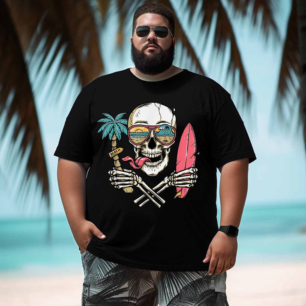 Sunshine Summer Beach Vibes Palm Trees Skull Island Men T Shirts Big and Tall Men Shirts Plus Size Short Sleeve Fashion Casual T Shirt Graphic Tee Shirts Tshirts