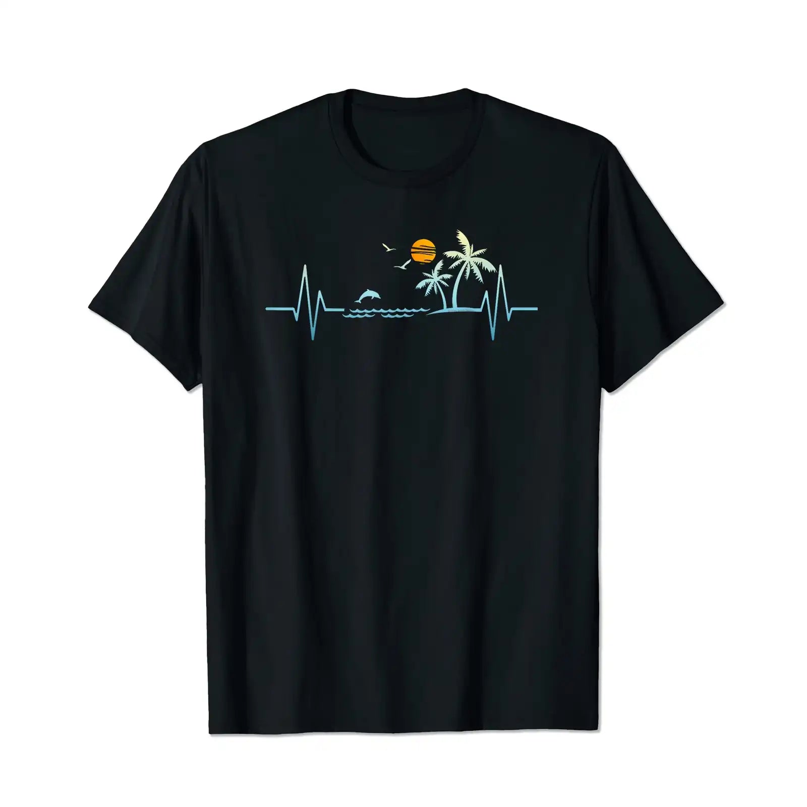 Heartbeat with Tropical Palm Trees Beach Island Sunset Men T Shirts Big and Tall Men Shirts Plus Size Short Sleeve Fashion Casual T Shirt Graphic Tee Shirts Tshirts - BigTallGuys