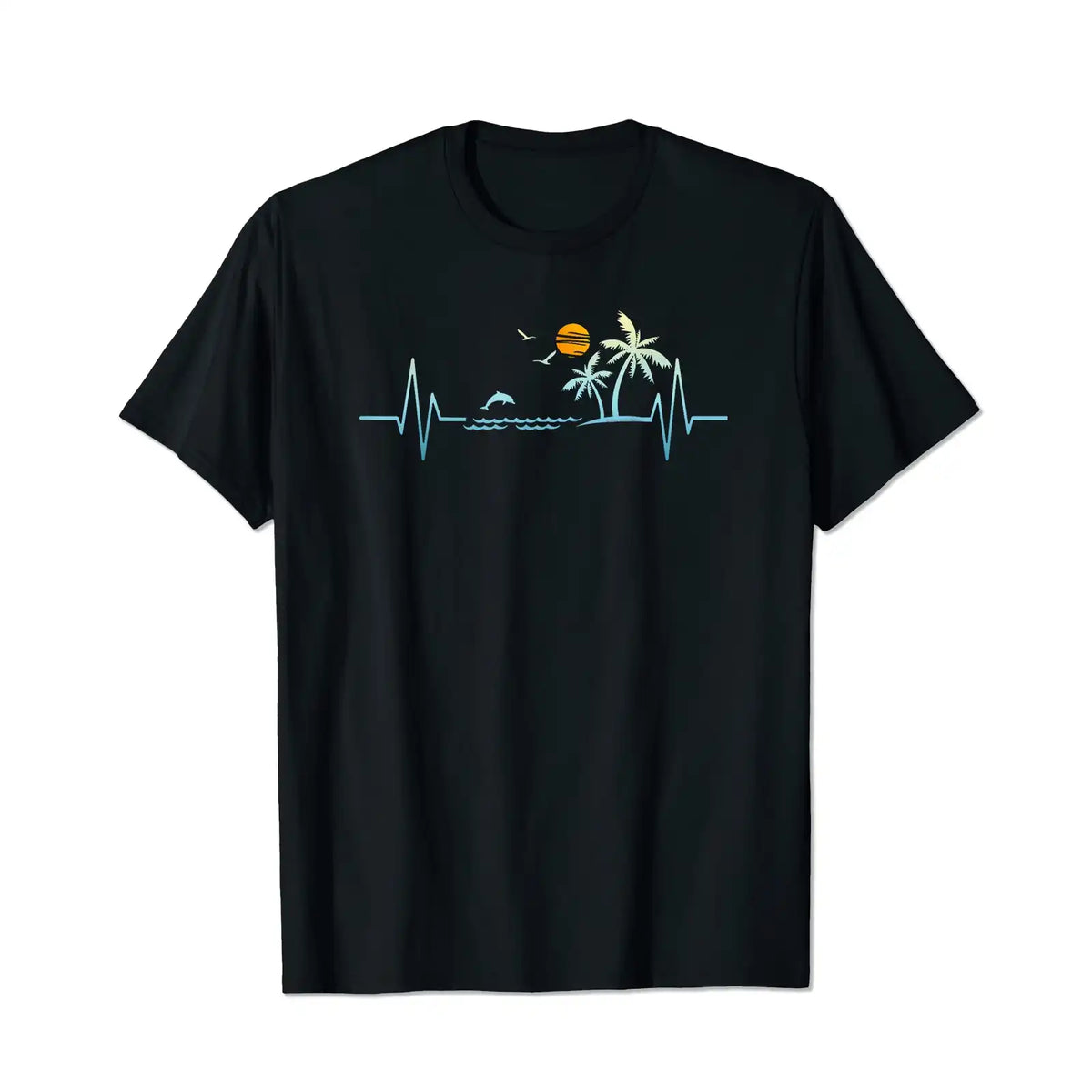 Heartbeat with Tropical Palm Trees Beach Island Sunset Men T Shirts Big and Tall Men Shirts Plus Size Short Sleeve Fashion Casual T Shirt Graphic Tee Shirts Tshirts - BigTallGuys