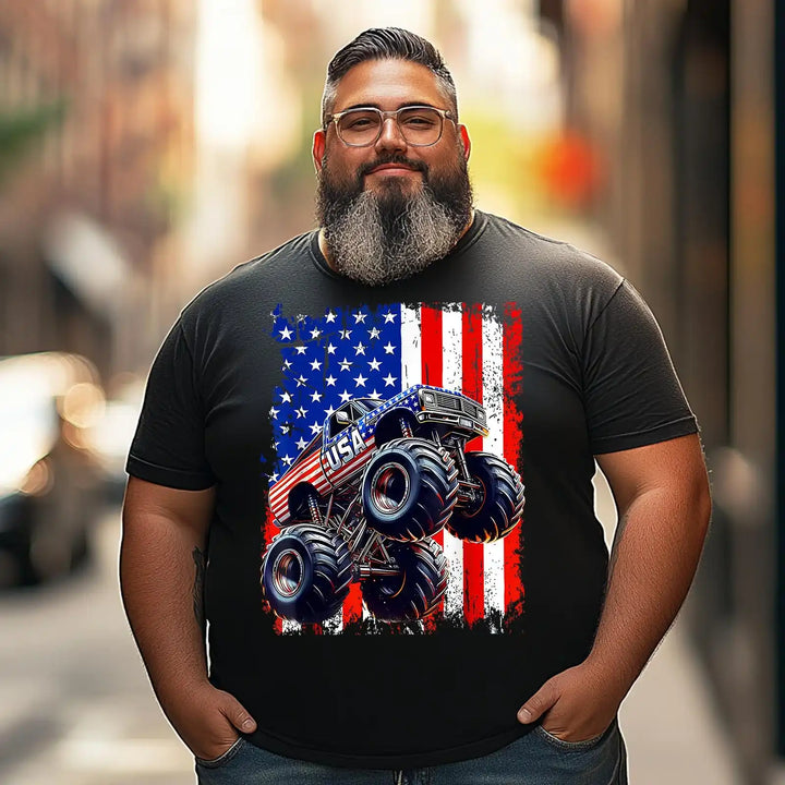 Monster Truck USA Flag Patriotic 4th of July Men T Shirts Big and Tall Men Shirts Plus Size Short Sleeve Fashion Casual T Shirt Graphic Tee Shirts Tshirts
