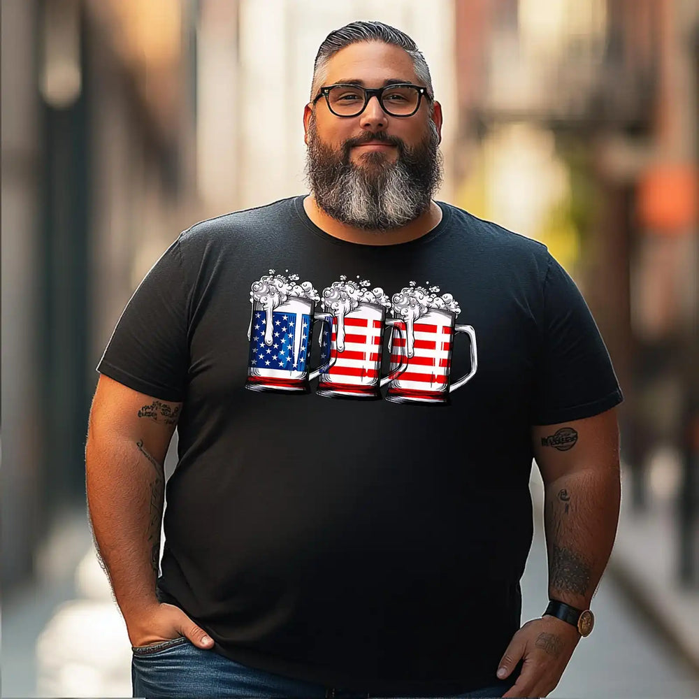 Beer American Flag 4th of July Merica Drinking USA 2 Men T Shirts Big and Tall Men Shirts Plus Size Short Sleeve Fashion Casual T Shirt Graphic Tee Shirts Tshirts - BigTallGuys