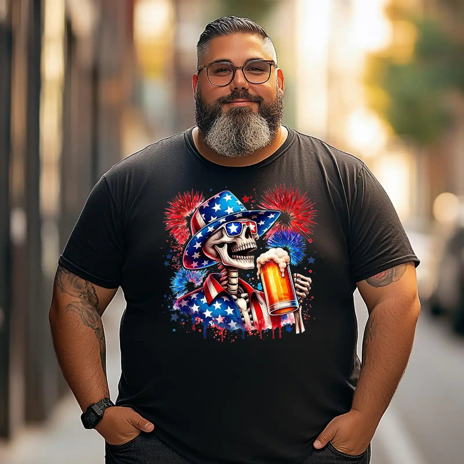 Beer American Flag 4th of July Merica Drinking USA Men T Shirts Big and Tall Men Shirts Plus Size Short Sleeve Fashion Casual T Shirt Graphic Tee Shirts Tshirts - BigTallGuys