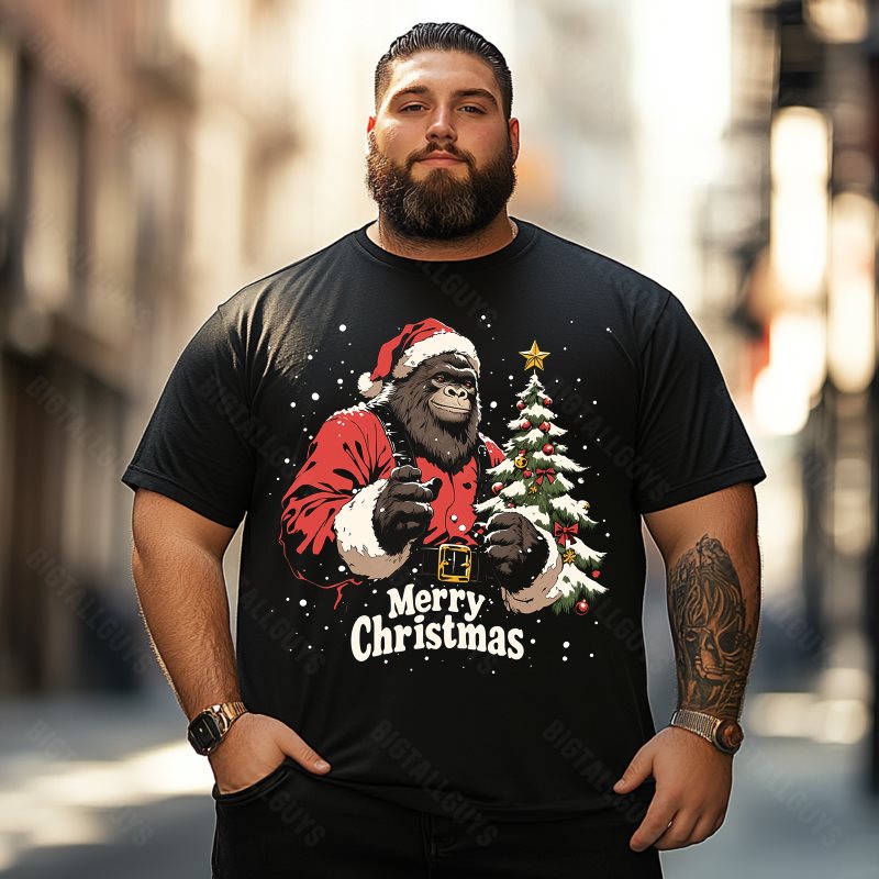 Bigfoot Sasquatch Wearing Santa Hat Merry Christmas Men T-Shirts, Plus Size Short Sleeve T Shirt for Men Big and Tall Men Tees Shirts