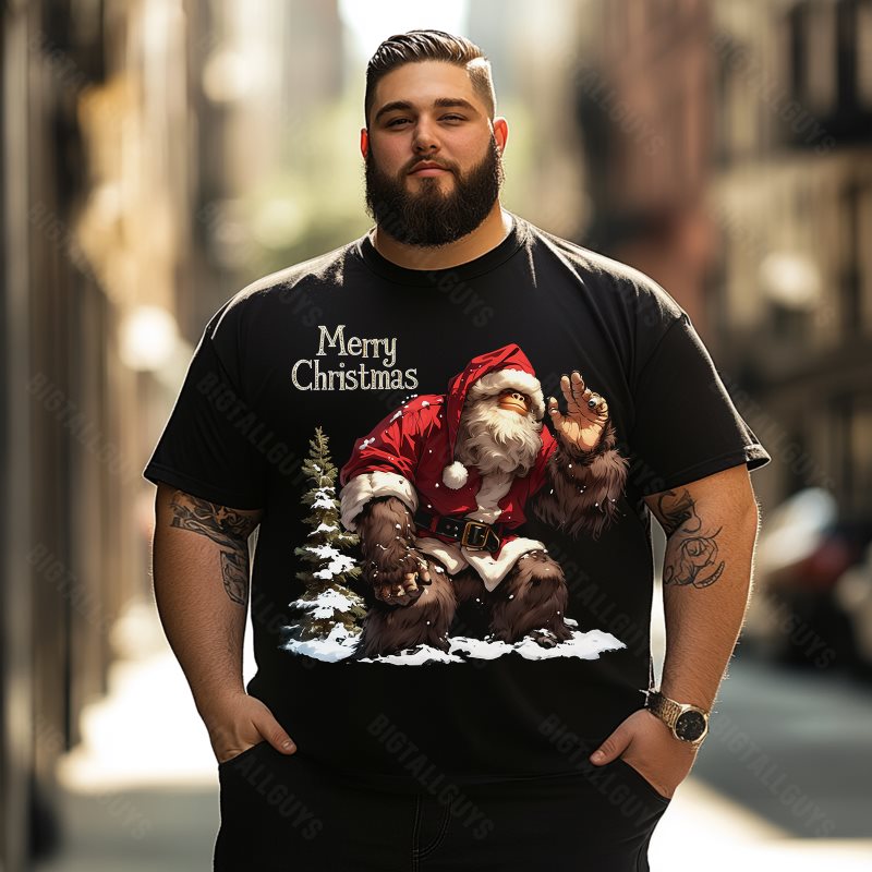 Bigfoot Sasquatch Wearing Santa Hat Merry Christmas Men T-Shirts, Plus Size Short Sleeve T Shirt for Men Big and Tall Men Tees Shirts