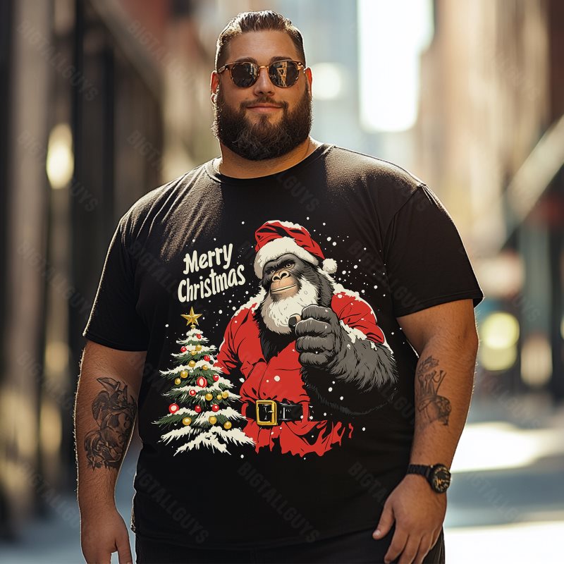 Bigfoot Sasquatch Wearing Santa Hat Merry Christmas Men T-Shirts, Plus Size Short Sleeve T Shirt for Men Big and Tall Men Tees Shirts