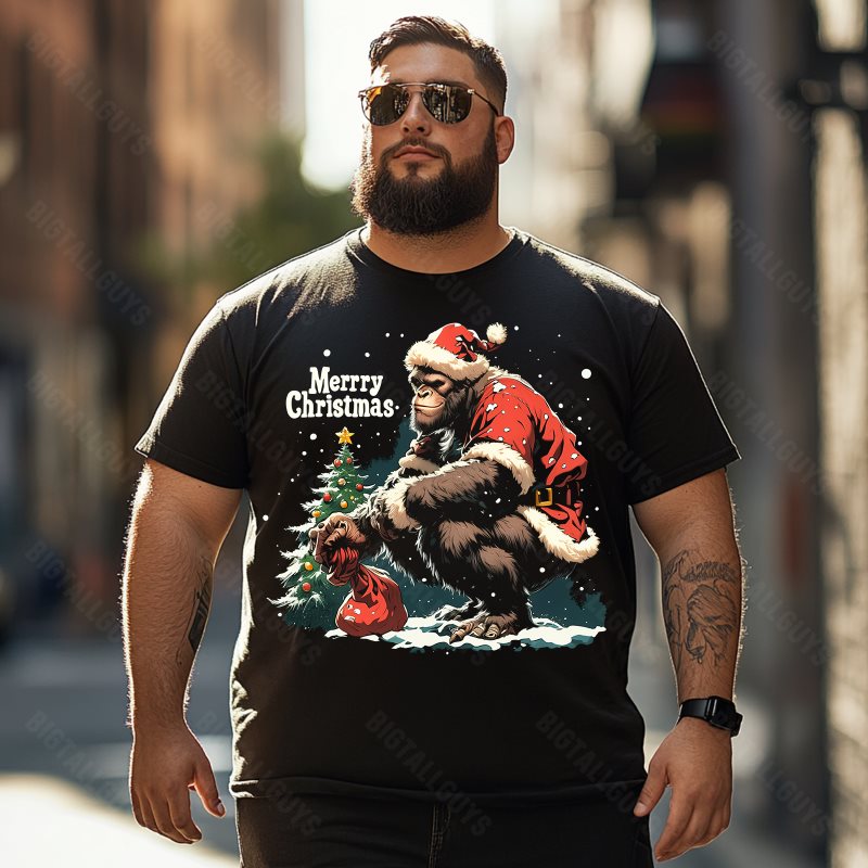 Bigfoot Sasquatch Wearing Santa Hat Merry Christmas Men T-Shirts, Plus Size Short Sleeve T Shirt for Men Big and Tall Men Tees Shirts