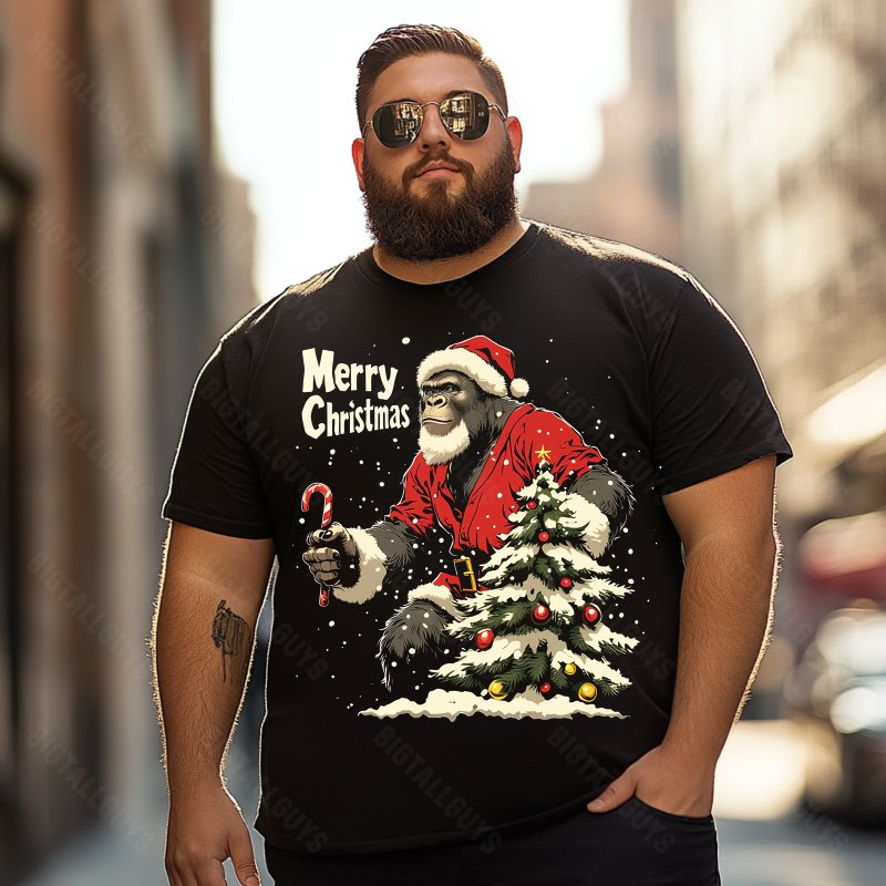 Bigfoot Sasquatch Wearing Santa Hat Merry Christmas Men T-Shirts, Plus Size Short Sleeve T Shirt for Men Big and Tall Men Tees Shirts