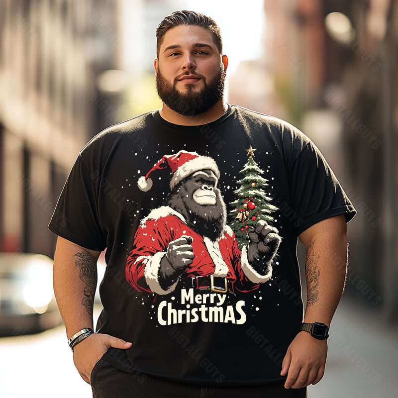 Bigfoot Sasquatch Wearing Santa Hat Merry Christmas Men T-Shirts, Plus Size Short Sleeve T Shirt for Men Big and Tall Men Tees Shirts