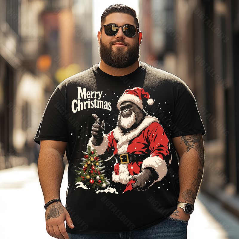 Bigfoot Sasquatch Wearing Santa Hat Merry Christmas Men T-Shirts, Plus Size Short Sleeve T Shirt for Men Big and Tall Men Tees Shirts