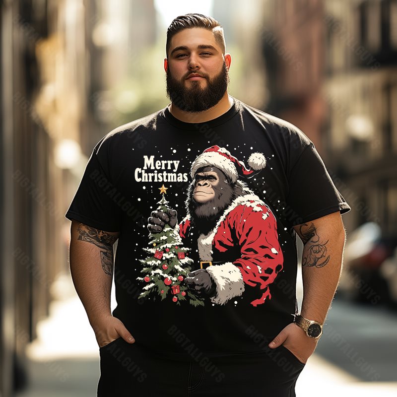 Bigfoot Sasquatch Wearing Santa Hat Merry Christmas Men T-Shirts, Plus Size Short Sleeve T Shirt for Men Big and Tall Men Tees Shirts