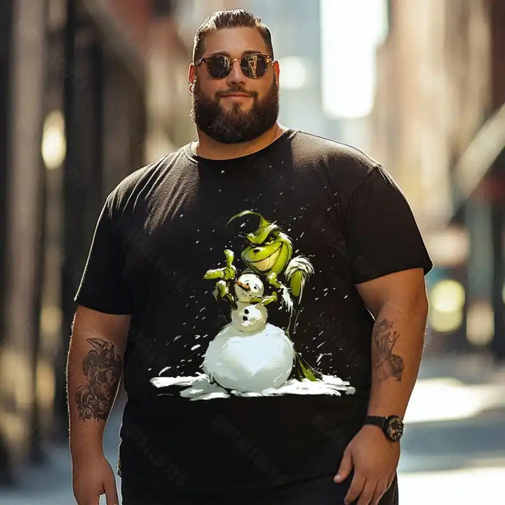 Grinch with Snowman Merry Christmas Men T-Shirts, Plus Size Short Sleeve T Shirt for Men Big and Tall Men Tees Shirts