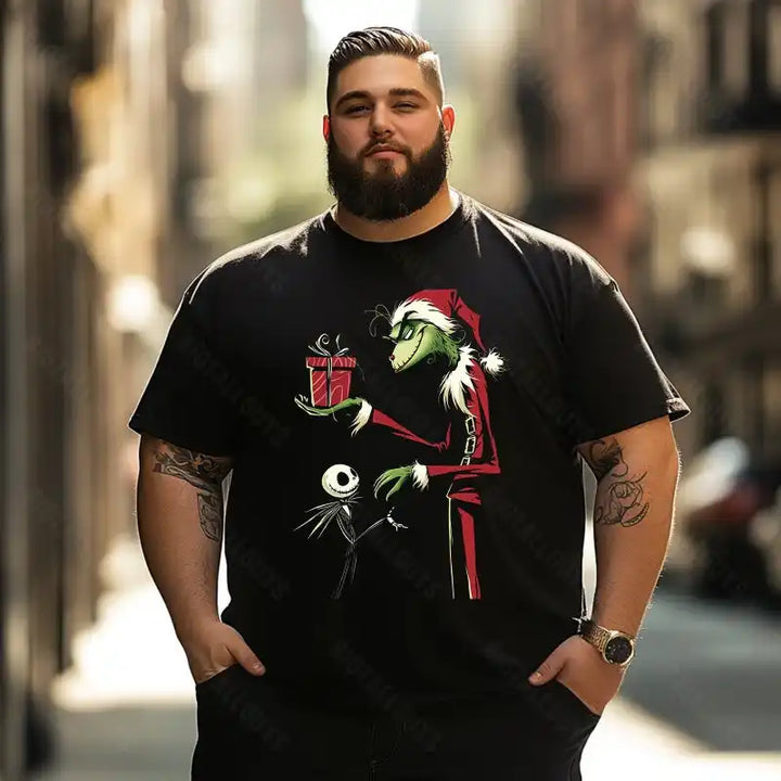 Grinch with Nightmare Jack Merry Christmas Men T-Shirts, Plus Size Short Sleeve T Shirt for Men Big and Tall Men Tees Shirts