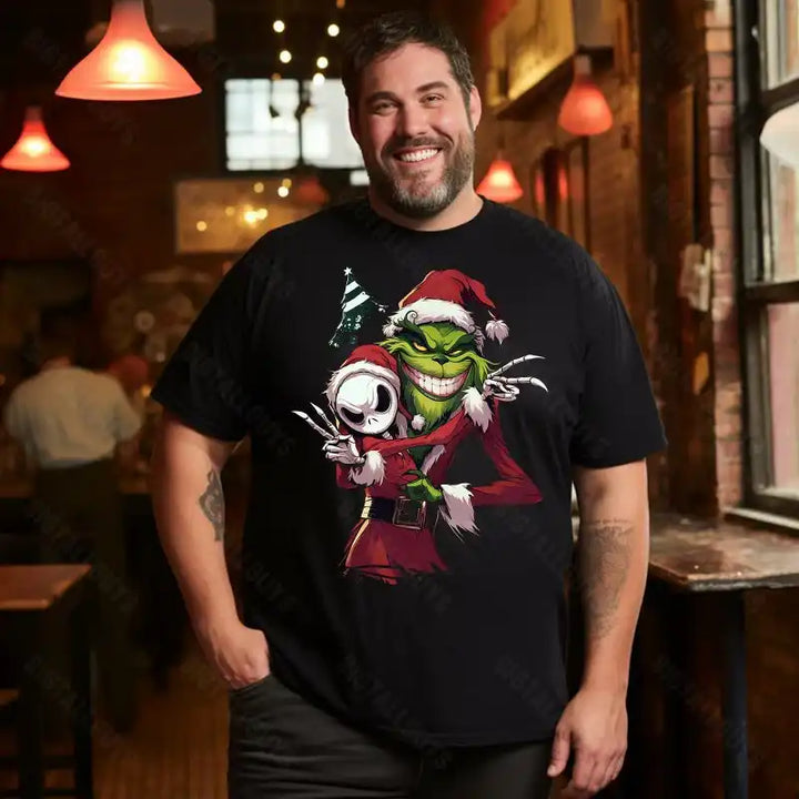 Grinch with Nightmare Jack Merry Christmas Men T-Shirts, Plus Size Short Sleeve T Shirt for Men Big and Tall Men Tees Shirts