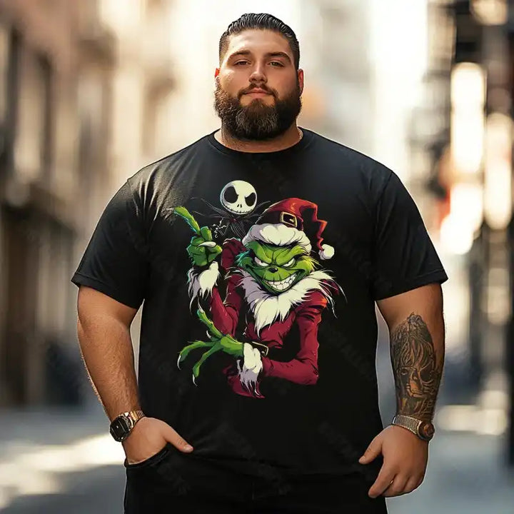 Grinch with Nightmare Jack Merry Christmas Men T-Shirts, Plus Size Short Sleeve T Shirt for Men Big and Tall Men Tees Shirts