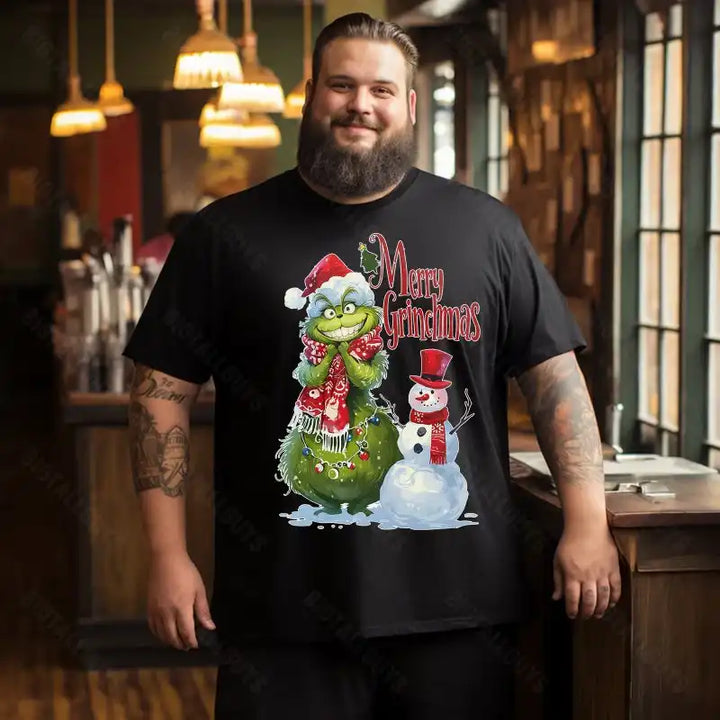 Grinch with Snowman Merry Grinchmas Christmas Men T-Shirts, Plus Size Short Sleeve T Shirt for Men Big and Tall Men Tees Shirts