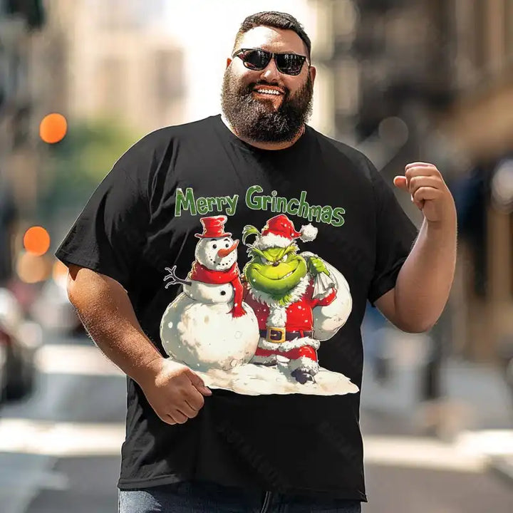 Grinch with Snowman Merry Grinchmas Christmas Men T-Shirts, Plus Size Short Sleeve T Shirt for Men Big and Tall Men Tees Shirts