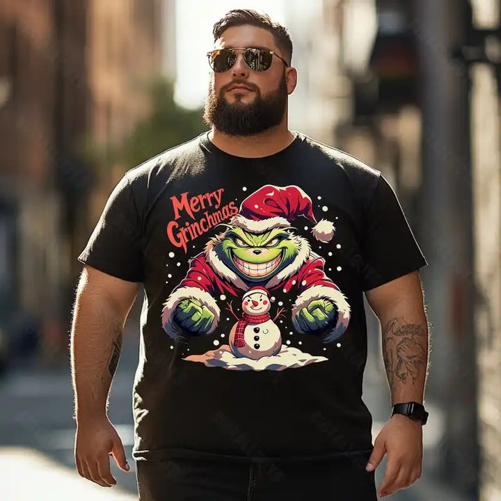 Grinch with Snowman Merry Grinchmas Christmas Men T-Shirts, Plus Size Short Sleeve T Shirt for Men Big and Tall Men Tees Shirts