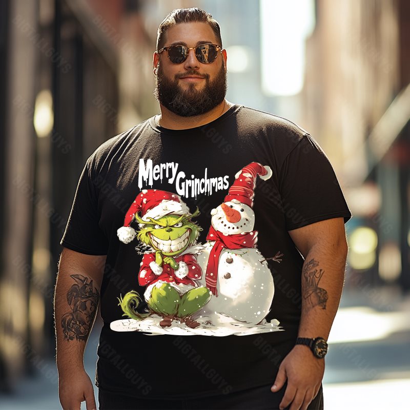 Grinch with Snowman Merry Grinchmas Christmas Men T-Shirts, Plus Size Short Sleeve T Shirt for Men Big and Tall Men Tees Shirts