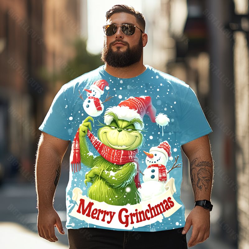 Grinch with Snowman Merry Grinchmas Christmas Men T-Shirts, Plus Size Short Sleeve T Shirt for Men Big and Tall Men Tees Shirts