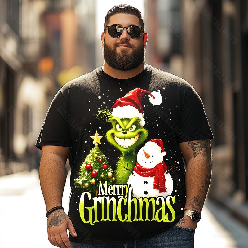 Grinch with Snowman Merry Grinchmas Christmas Men T-Shirts, Plus Size Short Sleeve T Shirt for Men Big and Tall Men Tees Shirts
