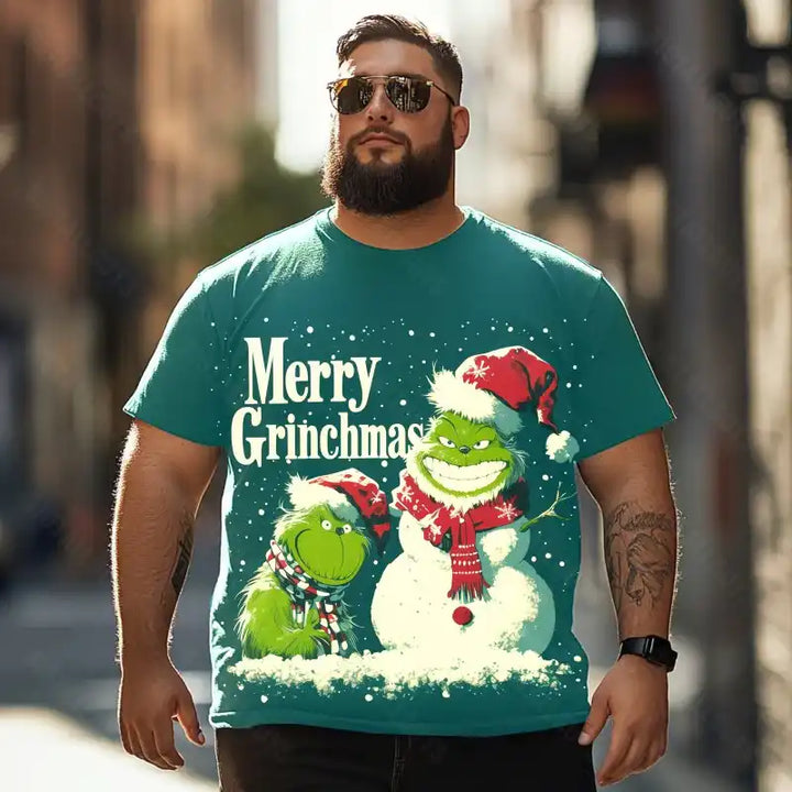 Grinch with Snowman Merry Grinchmas Christmas Men T-Shirts, Plus Size Short Sleeve T Shirt for Men Big and Tall Men Tees Shirts