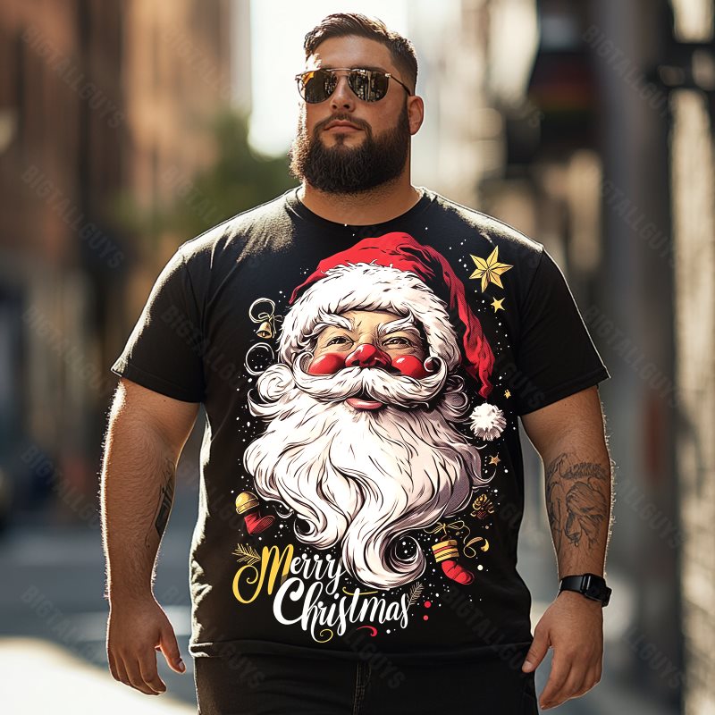 Santa Claus Merry Christmas Men T-Shirts, Plus Size Short Sleeve T Shirt for Men Big and Tall Men Tees Shirts