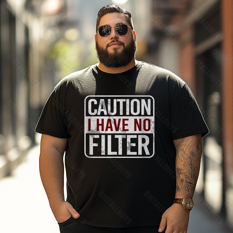 Caution No Filter Men T-Shirts, Plus Size Short Sleeve T Shirt for Men Big and Tall Men Tees Shirts