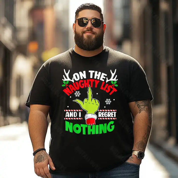 On The Naughty List And I Regret Nothing Grinch Merry Grinchmas Christmas Men T-Shirts, Plus Size Short Sleeve T Shirt for Men Big and Tall Men Tees Shirts