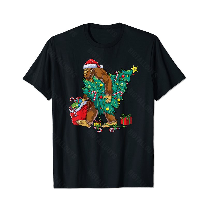 Bigfoot Christmas Tree Lights Xmas Boys Men Sasquatch Lovers Men T-Shirts, Plus Size Short Sleeve T Shirt for Men Big and Tall Men Tees Shirts