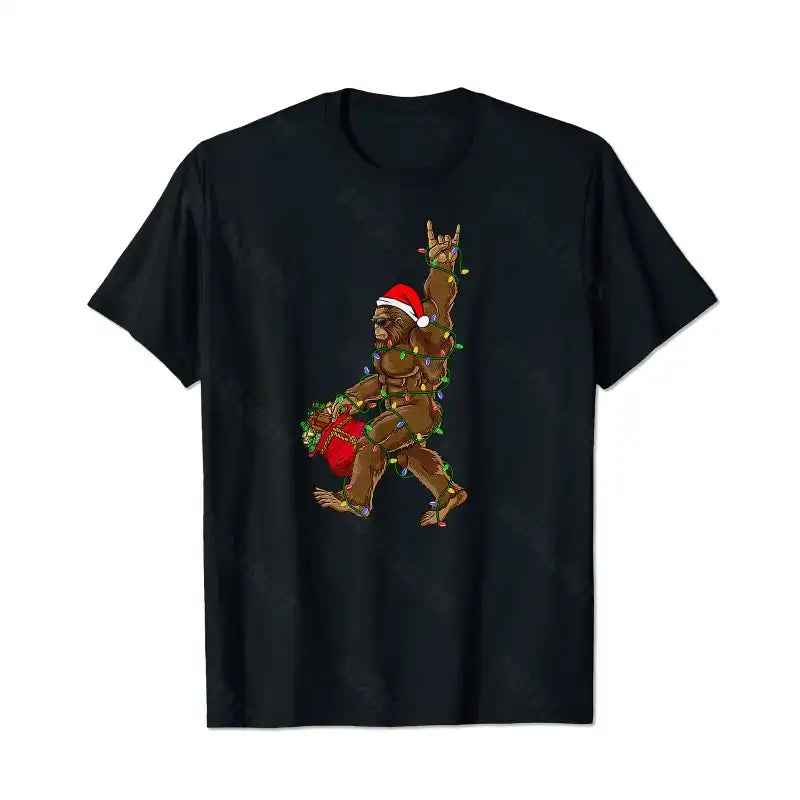 Santa Bigfoot Christmas Lights Rock Funny Sasquatch Lovers Men T-Shirts, Plus Size Short Sleeve T Shirt for Men Big and Tall Men Tees Shirts