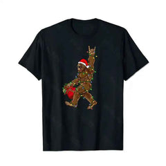 Santa Bigfoot Christmas Lights Rock Funny Sasquatch Lovers Men T-Shirts, Plus Size Short Sleeve T Shirt for Men Big and Tall Men Tees Shirts